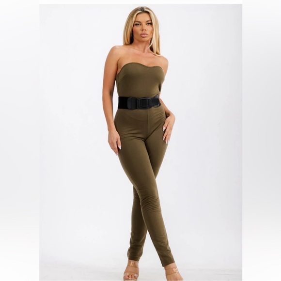 Rosevelvet Pants - WOMEN'S SLEEVELESS BELTED SOLID SKINNY LEG JUMPSUIT